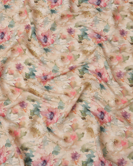 Beige and Multicolor Watercolor Floral Printed Viscose Crepe Fabric, 110 Cms Width, Made in India-D26249