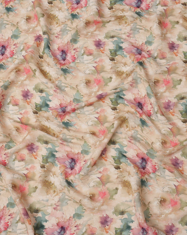 Beige and Multicolor Watercolor Floral Printed Viscose Crepe Fabric, 110 Cms Width, Made in India-D26249
