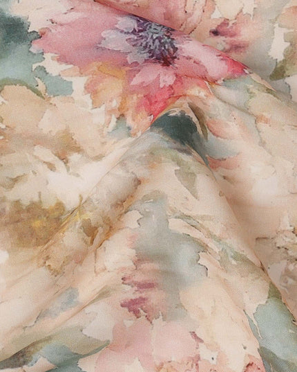 Beige and Multicolor Watercolor Floral Printed Viscose Crepe Fabric, 110 Cms Width, Made in India-D26249