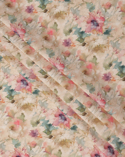 Beige and Multicolor Watercolor Floral Printed Viscose Crepe Fabric, 110 Cms Width, Made in India-D26249
