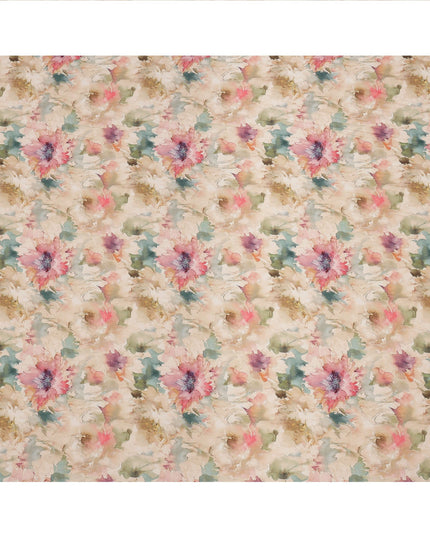 Beige and Multicolor Watercolor Floral Printed Viscose Crepe Fabric, 110 Cms Width, Made in India-D26249