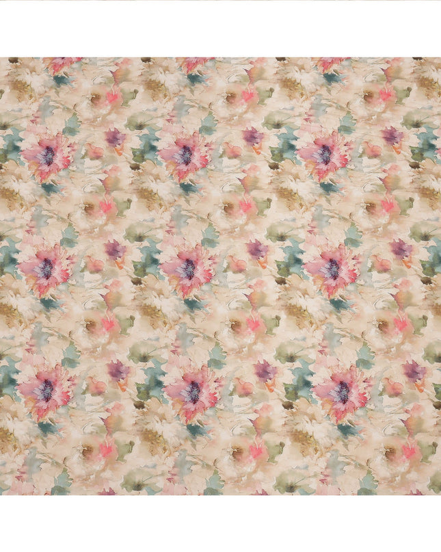 Beige and Multicolor Watercolor Floral Printed Viscose Crepe Fabric, 110 Cms Width, Made in India-D26249