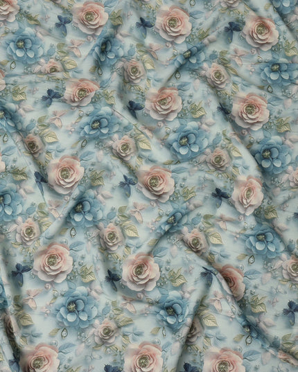 Sky Blue and Peach Floral Printed Viscose Crepe Fabric, 110 Cms Width, Made in India-D26220