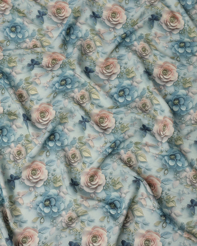 Sky Blue and Peach Floral Printed Viscose Crepe Fabric, 110 Cms Width, Made in India-D26220