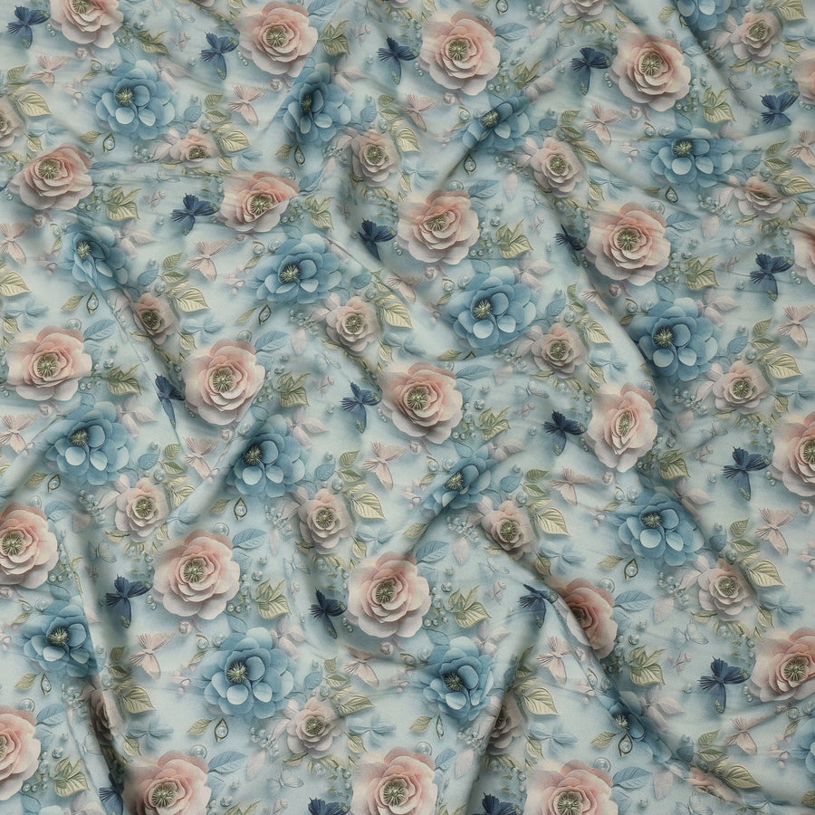 Sky Blue and Peach Floral Printed Viscose Crepe Fabric, 110 Cms Width, Made in India-D26220