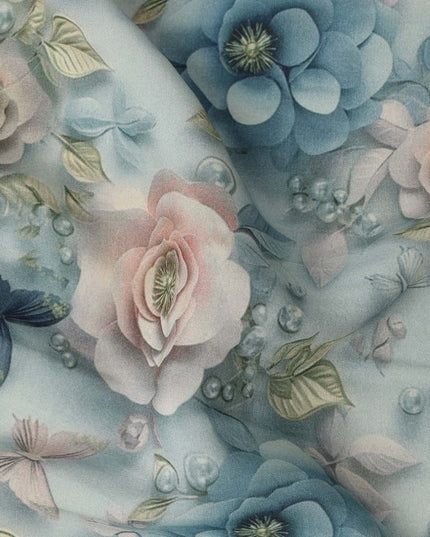 Sky Blue and Peach Floral Printed Viscose Crepe Fabric, 110 Cms Width, Made in India-D26220