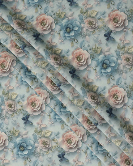 Sky Blue and Peach Floral Printed Viscose Crepe Fabric, 110 Cms Width, Made in India-D26220