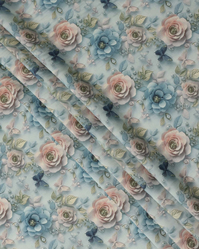 Sky Blue and Peach Floral Printed Viscose Crepe Fabric, 110 Cms Width, Made in India-D26220