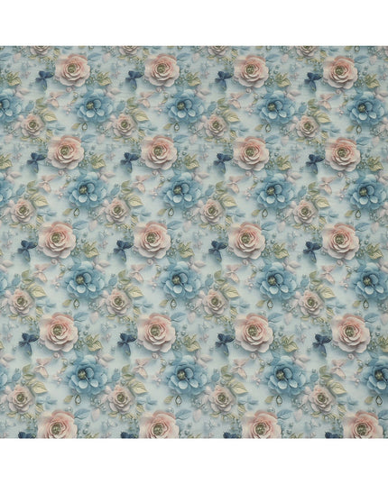 Sky Blue and Peach Floral Printed Viscose Crepe Fabric, 110 Cms Width, Made in India-D26220