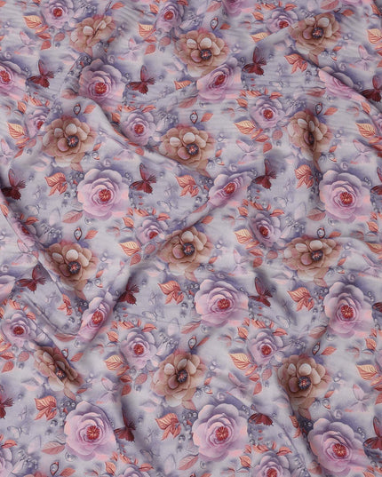 Lavender Pink Vintage Floral Rose Butterfly Print Viscose Georgette Fabric Soft Flowing Botanical Nature Design Lightweight Dressmaking Sewing Material 110 Cms Width Made in India-D28254 - Regal Fabrics
