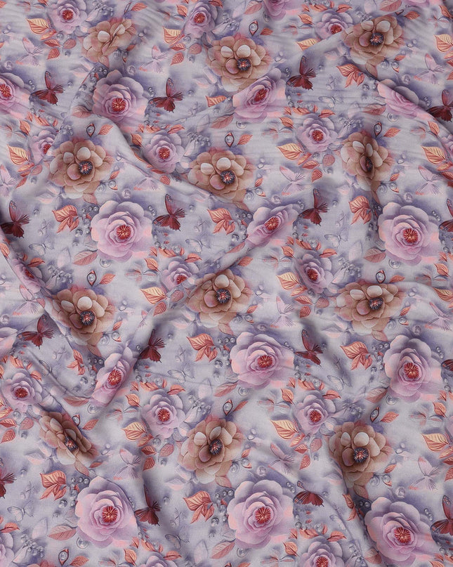 Lavender Pink Vintage Floral Rose Butterfly Print Viscose Georgette Fabric Soft Flowing Botanical Nature Design Lightweight Dressmaking Sewing Material 110 Cms Width Made in India-D28254