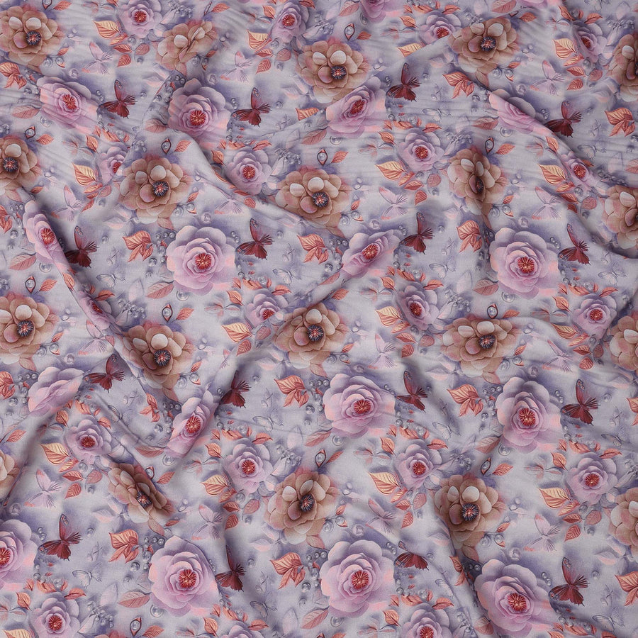 Lilac Pink Floral and Butterfly Printed Viscose Crepe Fabric, 110 Cms Width, Made in India-D26214