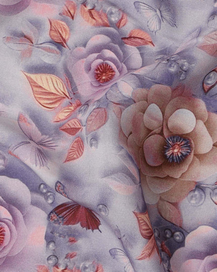 Lilac Pink Floral and Butterfly Printed Viscose Crepe Fabric, 110 Cms Width, Made in India-D26214