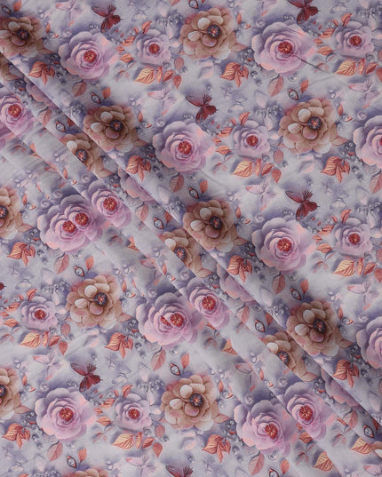 Lilac Pink Floral and Butterfly Printed Viscose Crepe Fabric, 110 Cms Width, Made in India-D26214