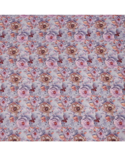 Lilac Pink Floral and Butterfly Printed Viscose Crepe Fabric, 110 Cms Width, Made in India-D26214