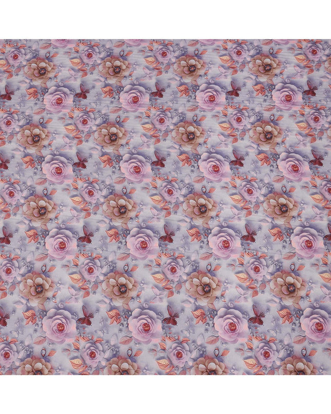 Lilac Pink Floral and Butterfly Printed Viscose Crepe Fabric, 110 Cms Width, Made in India-D26214