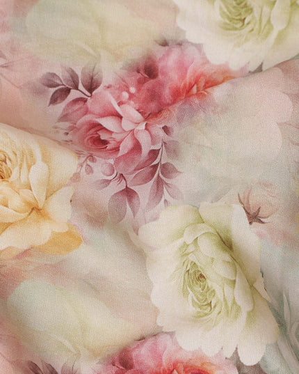 Blush Pink Rose Bouquet Viscose Crepe Fabric