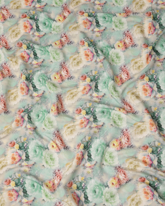 Mint Green Pastel Rose Peony Floral Garden Print Viscose Georgette Fabric Soft Lightweight Flowing Botanical Dressmaking Sewing Material 110 Cms Width Made in India-D28250