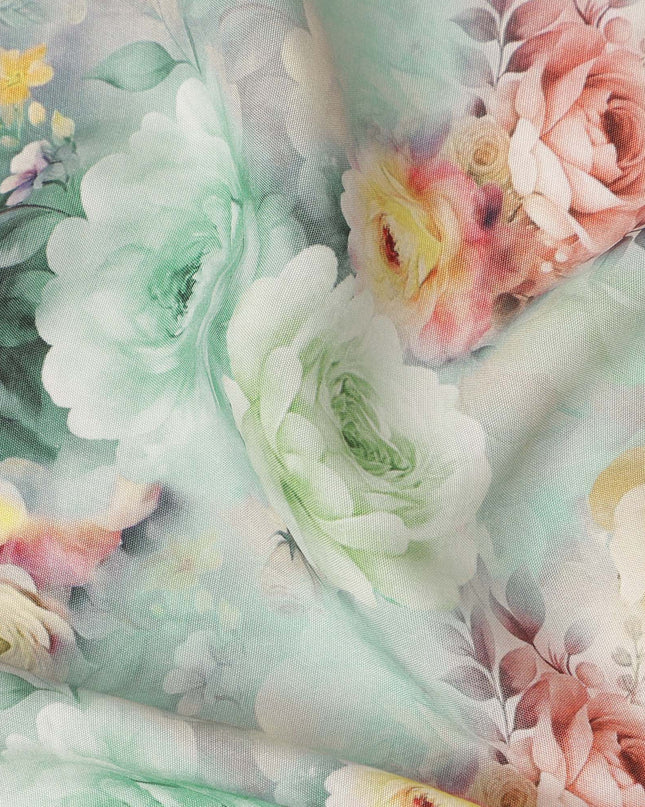 Mint Green Pastel Rose Peony Floral Garden Print Viscose Georgette Fabric Soft Lightweight Flowing Botanical Dressmaking Sewing Material 110 Cms Width Made in India-D28250