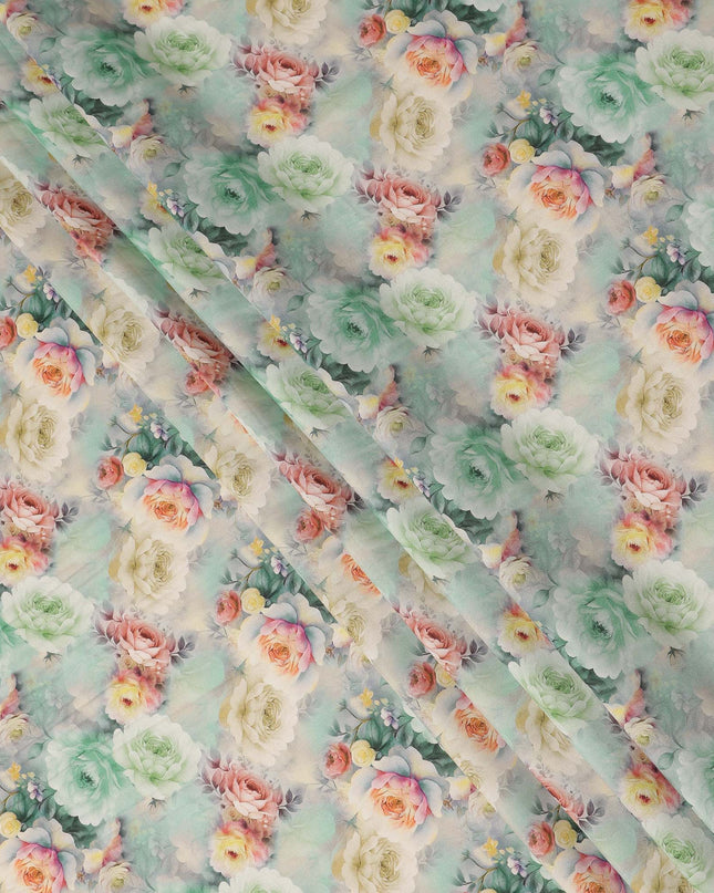 Mint Green Pastel Rose Peony Floral Garden Print Viscose Georgette Fabric Soft Lightweight Flowing Botanical Dressmaking Sewing Material 110 Cms Width Made in India-D28250