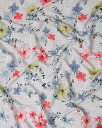 Ivory Floral Stripe Viscose Crepe Fabric