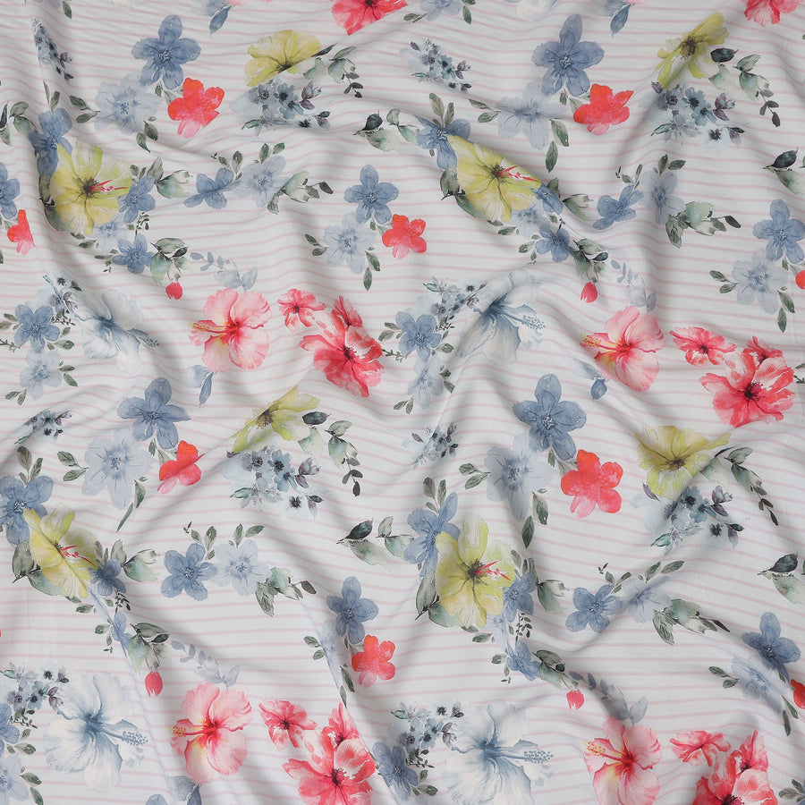 Ivory Floral Stripe Viscose Crepe Fabric