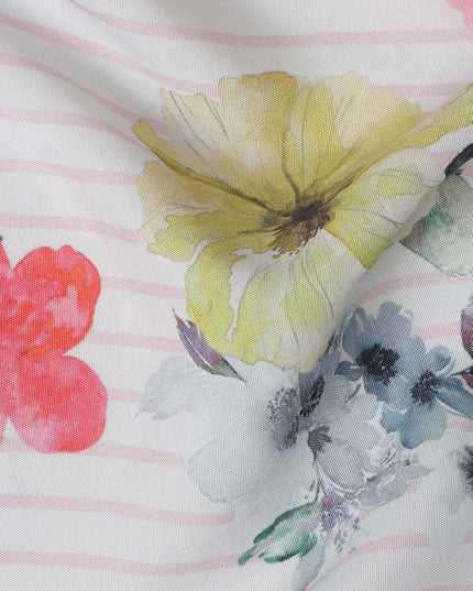 Ivory Floral Stripe Viscose Crepe Fabric