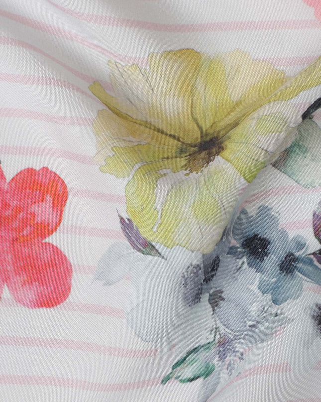 Ivory Floral Stripe Viscose Crepe Fabric