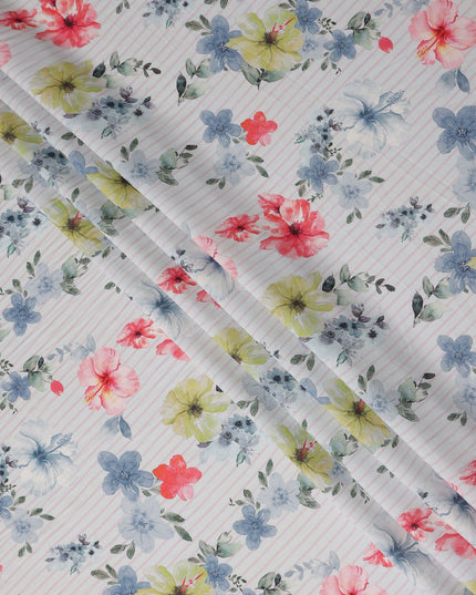 Ivory Floral Stripe Viscose Crepe Fabric