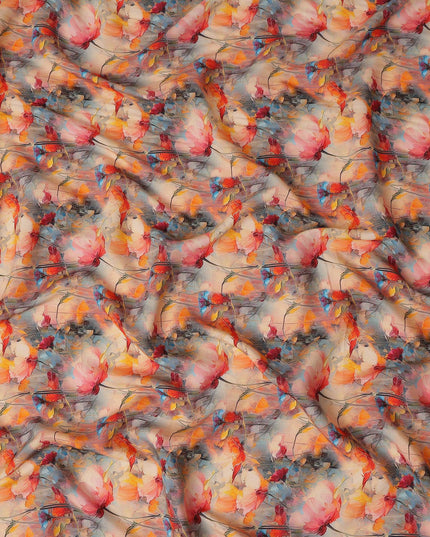 Coral Orange Floral Viscose Crepe Fabric