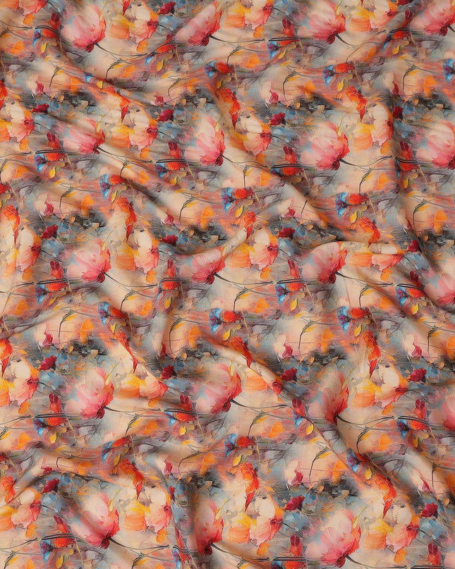 Coral Orange Floral Viscose Crepe Fabric