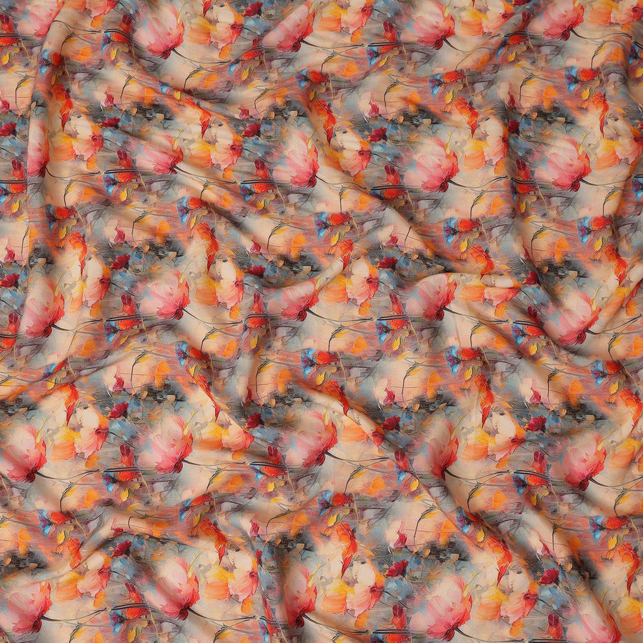 Coral Orange Floral Viscose Crepe Fabric