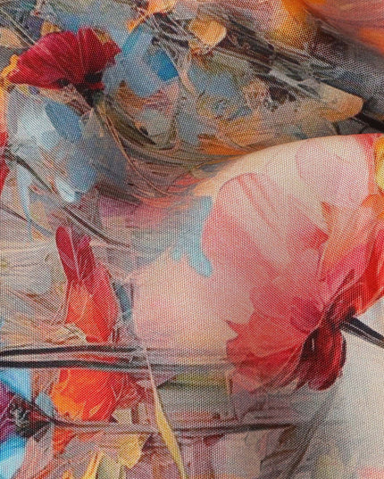 Coral Orange Floral Viscose Crepe Fabric