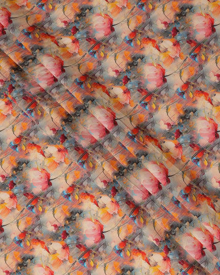 Coral Orange Floral Viscose Crepe Fabric