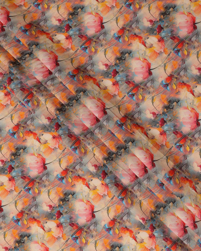 Coral Orange Floral Viscose Crepe Fabric