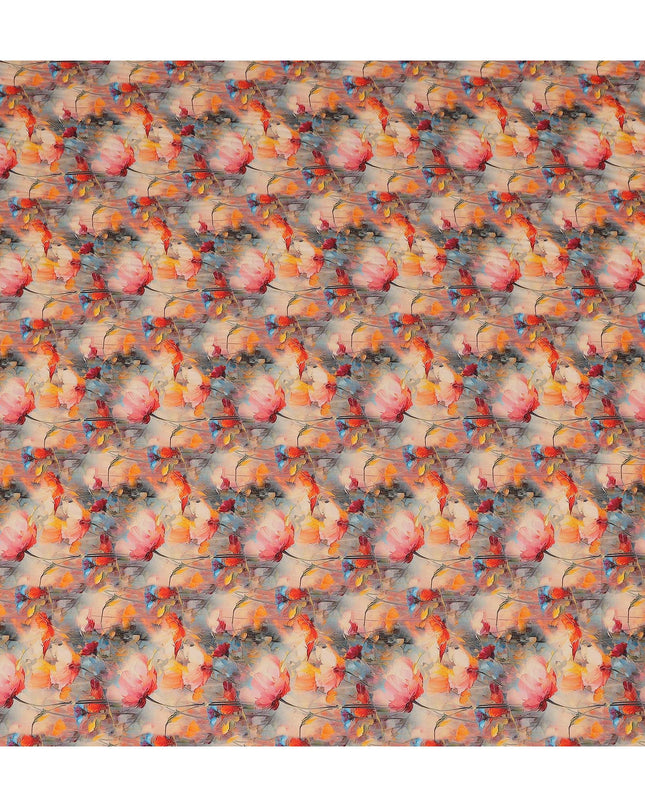 Coral Orange Floral Viscose Crepe Fabric