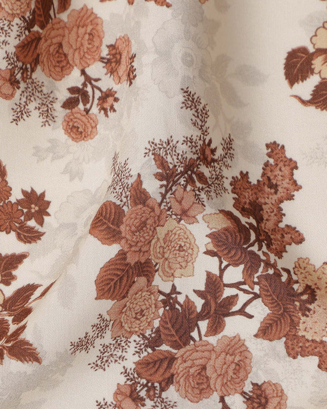 Rust Brown Floral Viscose Crepe Fabric