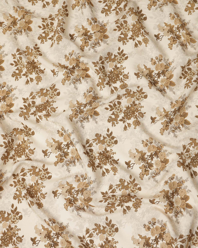 Cream Brown Vintage Floral Bouquet Print Viscose Georgette Fabric Soft Lightweight Flowing Botanical Dressmaking Sewing Material Elegant Floral Fabric 110 Cms Width Made in India-D28249