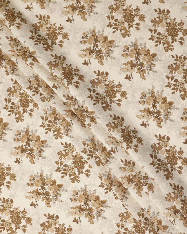 Cream Brown Vintage Floral Bouquet Print Viscose Georgette Fabric Soft Lightweight Flowing Botanical Dressmaking Sewing Material Elegant Floral Fabric 110 Cms Width Made in India-D28249
