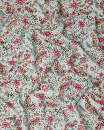 Mint Green Paisley Viscose Crepe Fabric