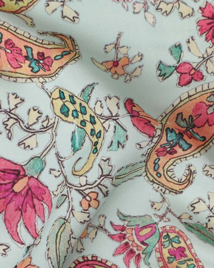 Mint Green Paisley Viscose Crepe Fabric