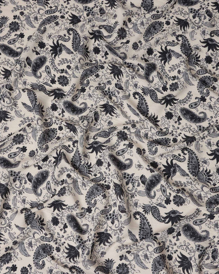 Beige Paisley Viscose Crepe Fabric by Meter