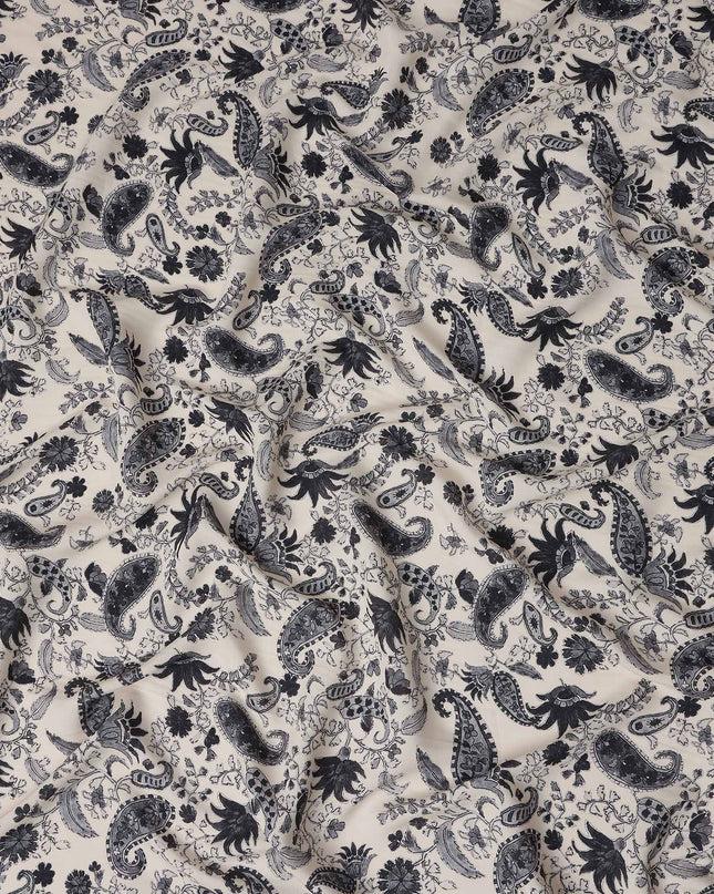 Beige Paisley Viscose Crepe Fabric by Meter