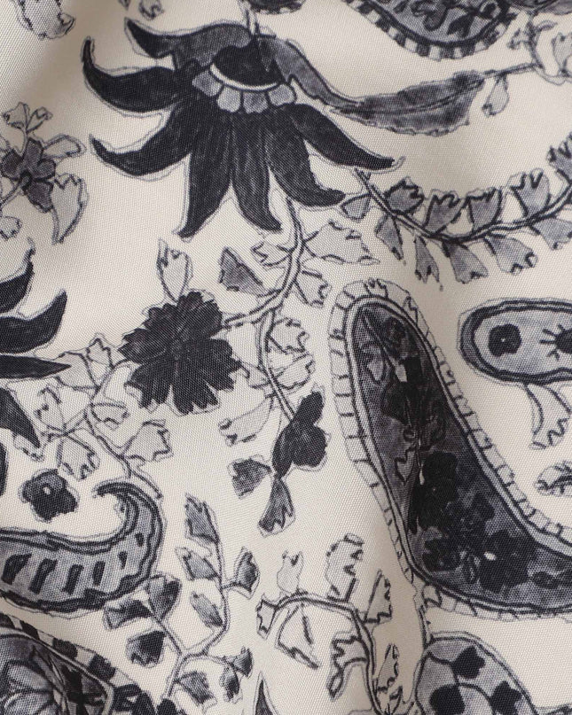 Beige Paisley Viscose Crepe Fabric by Meter