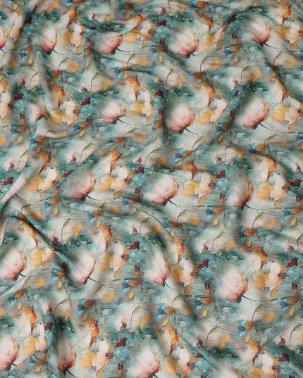 Teal Green Floral Viscose Crepe Fabric