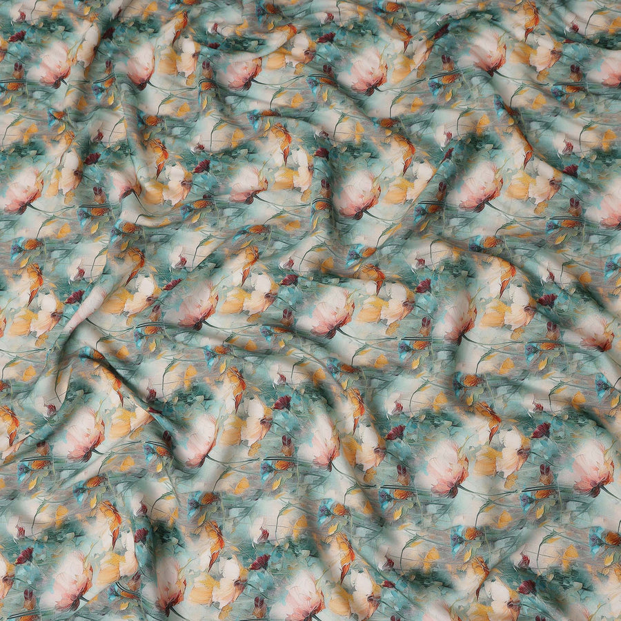 Teal Green Floral Viscose Crepe Fabric