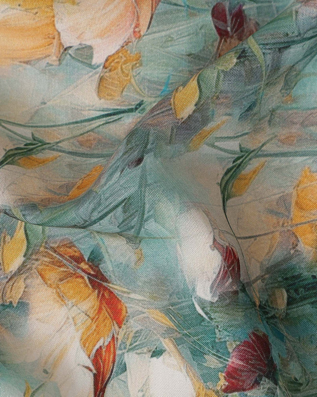 Teal Green Floral Viscose Crepe Fabric