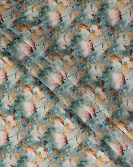Teal Green Floral Viscose Crepe Fabric