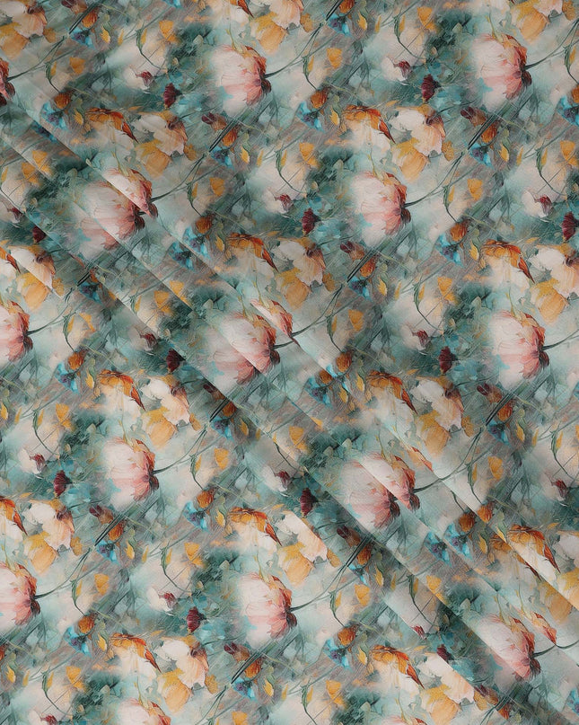 Teal Green Floral Viscose Crepe Fabric