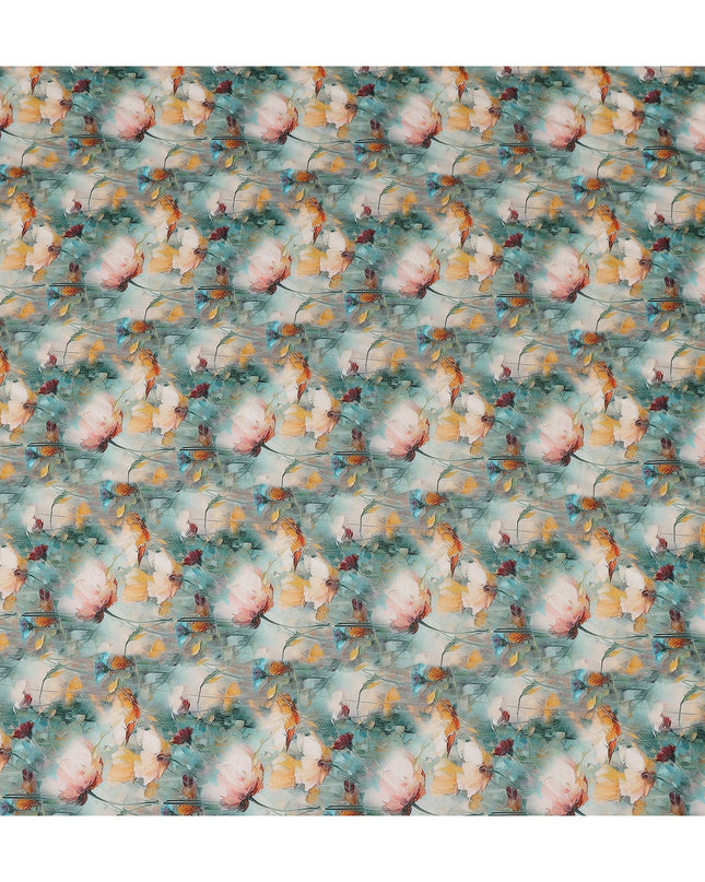 Teal Green Floral Viscose Crepe Fabric